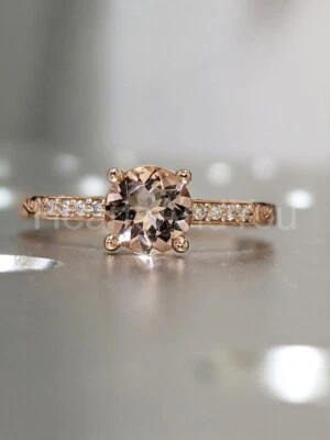 Anel de ouro amarelo sólido 1 quilate corte redondo natural morganita e diamante 100% 14k - Imagem 1 de 4