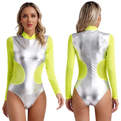 DE Damen Wetlook Bodysuit Ganzkörperanzug Mit Zipper Langarm Einteiler Clubwear - Bild 1 von 4