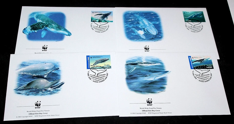 AUST 2006 WWF WHALES DOWN UNDER  SET OF 4 ON 4 WWF FIRST DAY COVERS - Image 1 of 1
