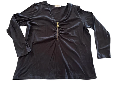 Blusa Top Michael Kors Para Mujer 3X Negra Cuello Cremallera Frente Acanalado Manga Larga Foto 1 de 4