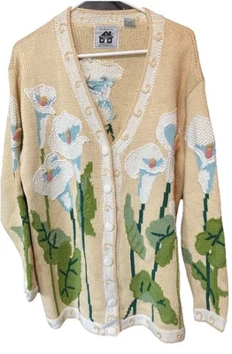 Cardigã feminino de malha Storybook suéter floral com bordado bege tamanho G Cottagecore - Imagem 1 de 4