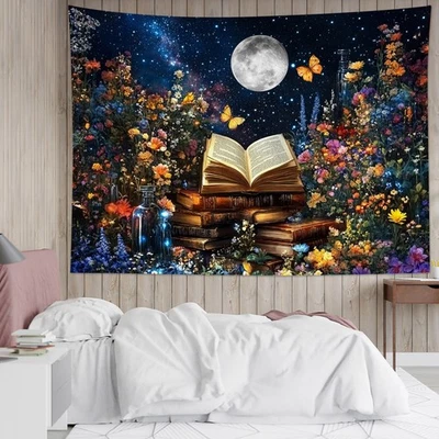 Tapiz floral boho libro vintage mariposa luna para dormitorio sala dormitorio Foto 1 de 4