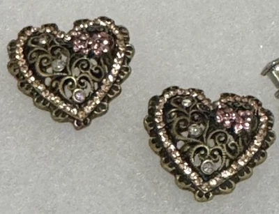 Betsey Johnson Vintage  Bronze Filigree Heart Pink Crystal Bow AB Earrings - Image 1 of 4