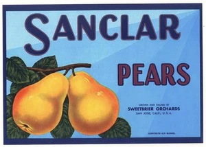 *Original* SANCLAR Sweetbriar Orchard SAN JOSE Cal Pear Label NOT A COPY! - Picture 1 of 1