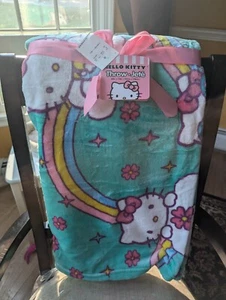 Hello Kitty Rainbow Cloud Flowers Stars 60x70 Green Throw Blanket NWT TikTok - Picture 1 of 6