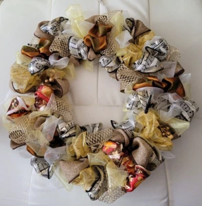 Decorative Ribbon Wreath - approx. 13"- music, beige & gold - Picture 1 of 8