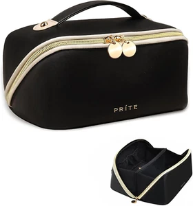 Makeup Bag for Women Travel Waterproof Vegan Leather Cosmetic Bag Open Flat Toil - Picture 1 of 12