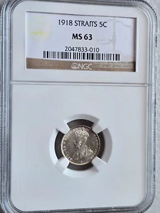 Straits Settlements 5 Cents 1918 NGC MS 63 - Picture 1 of 2