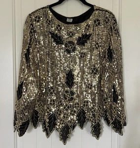 Camicetta vintage anni 80 Gunit seta donna media oro perline paillettes Gatsby Holly - Foto 1 di 17