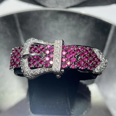 DESIGNER RP STERLING SILVER PAVE PINK SAPPHIRE WHITE TOPAZ BELT BUCKLE BRACELET - Image 1 of 4