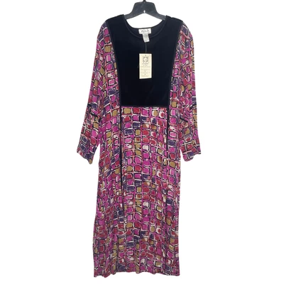 Vtg Boho Dress 1X Velvet Panel Geometric Print Pink Purple Retro Lagenlook - Image 1 of 4