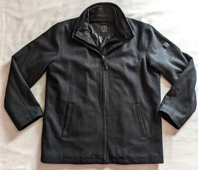 Mens Large Tumi Tech Jacket Black Wool Blend Lined Heavy Zip Pocket Coat Hooded - Image 1 of 4