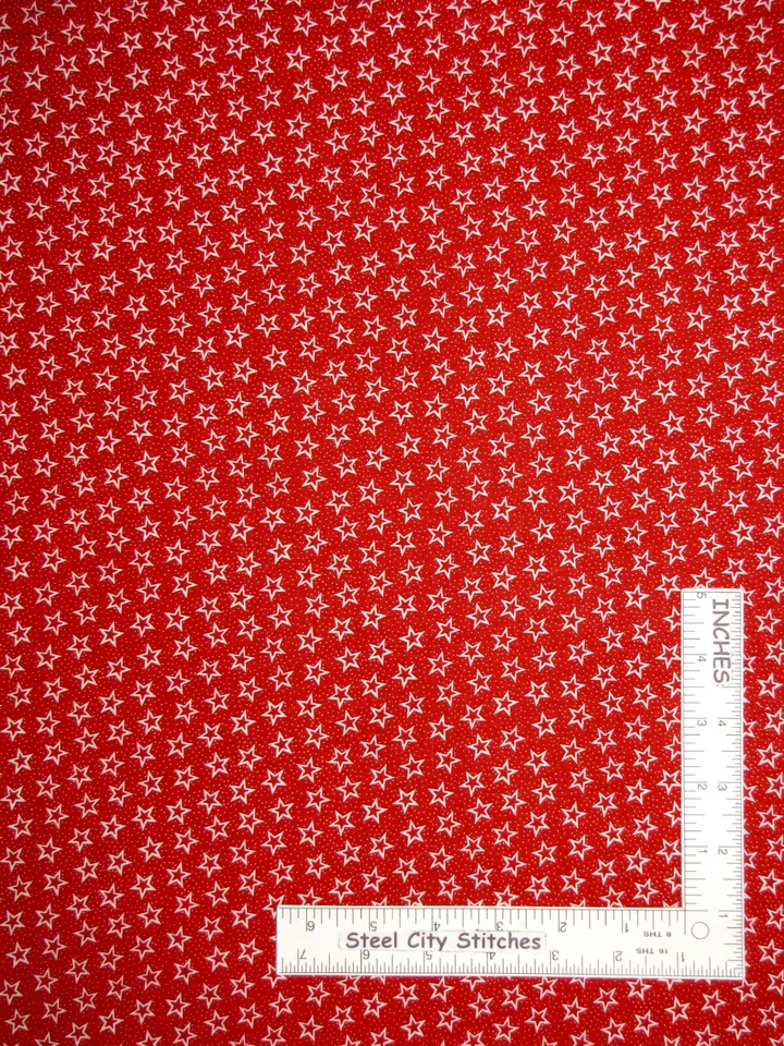 Patriotic White Outline Stars Speck Dots Red Cotton Fabric Santee By The Yard - Image 1 of 1