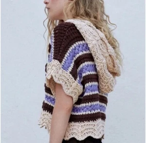 Zara Crocheted Knit Hooded Striped Pullover Top Size Small - Picture 1 of 10