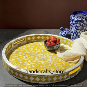 Yellow Color Luxurious Bone Inlay India Wooden Tray Decorative Serving Bone Tray - Picture 1 of 4