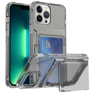 For iPhone 16e 15 14 13 16 17 Pro Max Shockproof Card Slot Stand Clear PC Case - Picture 1 of 20