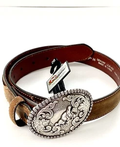 Nocona Co Women’s Brown Leather Belt /Cowgirl Sz 26 -Cow Rodeo Buckle NEW NWT - Picture 1 of 11