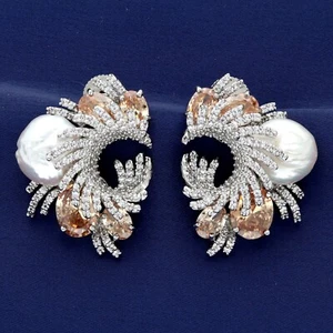 Pendientes vintage de perlas y morganita circonita cúbica de diseñador para mujer - Imagen 1 de 8