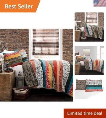 Vibrante Juego de Edredón de Algodón a Rayas Boho - Reversible, Certificado OEKO-TEX Comodidad Foto 1 de 4