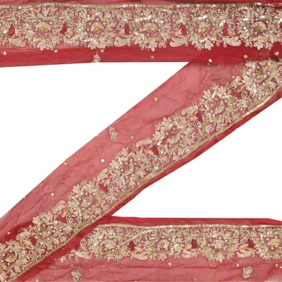 Sanskriti Vintage Saree Border Hand Beaded 1 Ydtrims Sequins Lace 3'W Maroon Foto 1 de 4