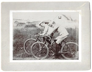 Boys Riding Antique Bicycles Old Mounted Photo 1900s 7x9 - Picture 1 of 1