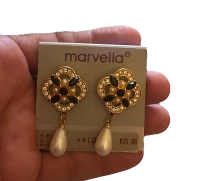 Marvella Pierced Earrings Goldtone Dangle Black Acrylic Faux Pearl on Card NOS   - Image 1 of 4