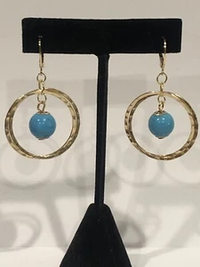 14k Solid Gold Leverbacks/14k Gold w Silver Core Circles Natural Turquoise Drops - Picture 1 of 6