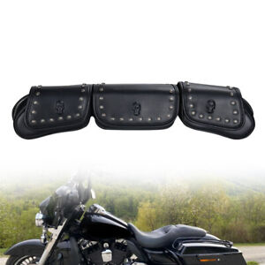 3 Pocket Windshield Bag Tri Pouch Skull Black For Harley Touring Electra Glide