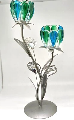 Beautiful turquoise teal blue green peacock floral candelabra candle holder - Image 1 of 4