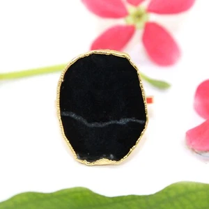 Natural Black Agate Slice Gold Electroplated Adjustable Rings Gift For Her - Picture 1 of 2