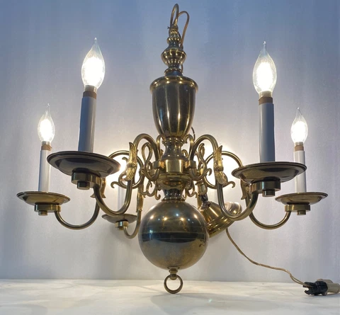Vintage Brass Chandelier 6 Arm Spun Brass Fish Head Motif Hollywood Regency Cover