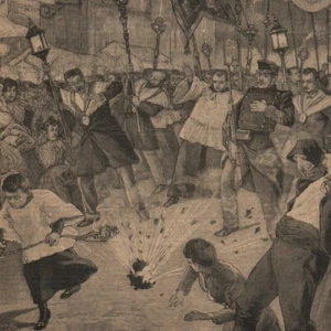 Attentat Barcelone - Explosion bombe passage procession - Gravure de presse 1896 - Imagen 1 de 2