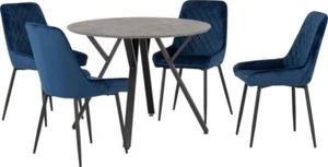ATHENS ROUND DINING SET IN CONCRETE EFFECT / BLACK WITH 4 BLUE AVERY CHAIRS - Picture 1 of 8