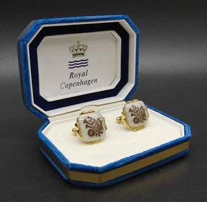 2er Set Royal Copenhagen Porzellan weiß & braun Ton Manschettenknöpfe 2,3 cm mit Box - Bild 1 von 4
