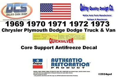 1969 1973 Plymouth Anticongelante Radiador Núcleo Soporte Calcomanía MoPar Nuevo EE. UU. Foto 1 de 2
