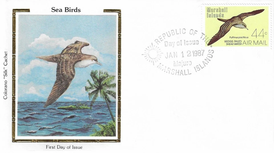 楔形尾剪水海鸟马绍尔群岛金色 Colorano 丝绸 FDC 1987 — 第 1/1 张图片