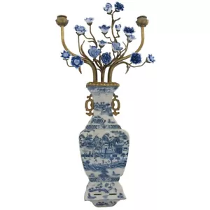 Porcelain Wall Hanging Vase/Sconce with Candle Holder Cups -Blue Willow-28''H - Picture 1 of 9