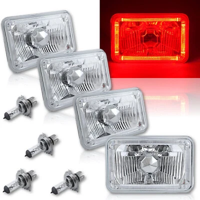 4X6" Red LED Halo Angel Eye Halogen Headlight Headlamp Bulbs Crystal Clear Set - Image 1 of 4