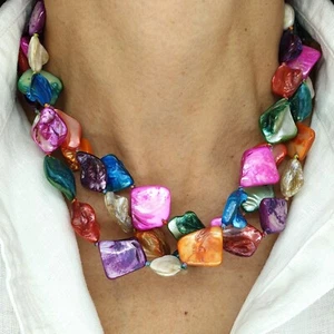 Long Colourful Rainbow Mother of Pearl Chunky Necklace Multi Layer Gift Women - Picture 1 of 11