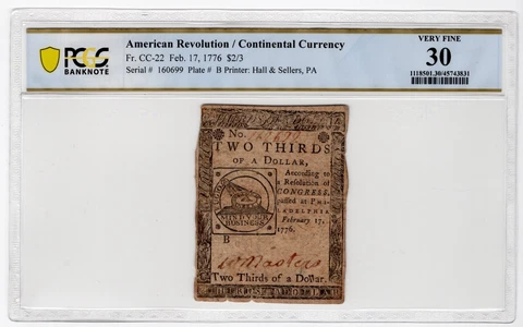American Revolution/Continental Currency Feb. 17, 1776 $2/3 Very nice PCGS VF30 Cover