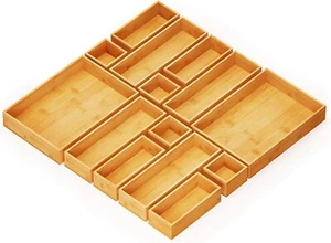 New- 14-Piece Bamboo Drawer Organizer Storage Boxes Set, Wood Tray Junk - Picture 1 of 6