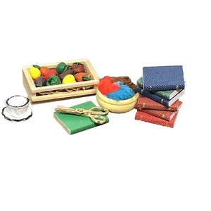 Dollhouse Miniature Books, Knitting Book, Yarn, Scissors, Fruit Crate Miniatures - Picture 1 of 12