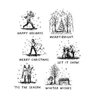 Retro Christmas Drawings Vintage Winter Holidays Clear Stamps 6" x 8" - Picture 1 of 1