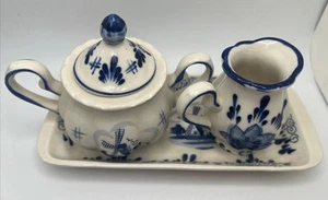 Delft Blue Colour  Holland Hand Painted Sugar And Creamer W Lid Windmill Floral - Picture 1 of 7