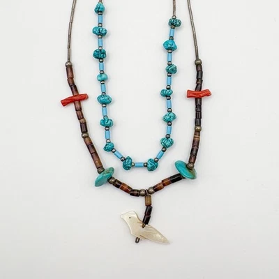 Bird Fetish And Turquoise Nugget Set Of Necklaces, Sterling 925 Silver, SW Style - Image 1 of 4