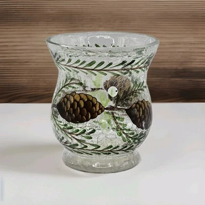Yankee Candle Crackled Glass Pinecone Votive Holder Evergreen Winter Snow 3"H - Image 1 of 4
