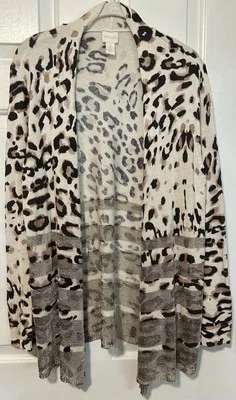 Cárdigan Chico's Talla 2 Grande Abierto Suéter Marfil Estampado Leopardo con Borde Metálico Foto 1 de 4