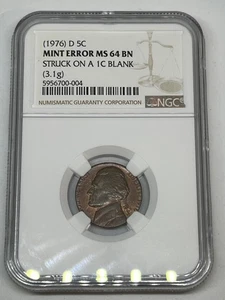 1976-D Jefferson Nickel MINT ERROR - NGC MS64 BN Struck on 1C Penny Planchet - Picture 1 of 4