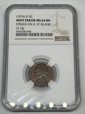 1976-D Jefferson Nickel MINT ERROR - NGC MS64 BN Struck on 1C Penny Planchet - Image 1 of 4