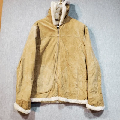 Adler Coat Womens Large Tan Suede Leather Linen Faux Fur Hooded Full Zip Vintage - Image 1 of 4